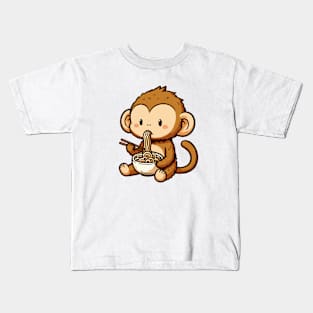 Cute brown monkey eat ramen Kids T-Shirt